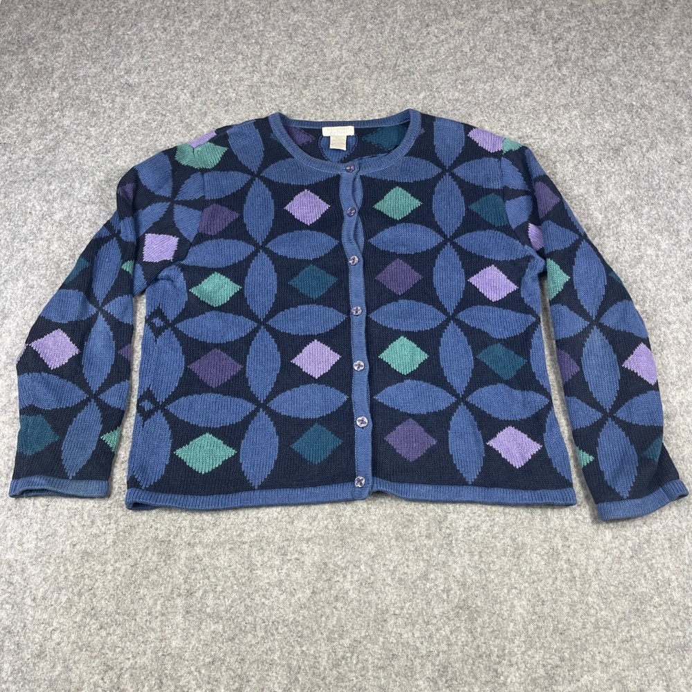 VTG Christopher & Banks Cardigan Sweater XL Blue Geometric Intarsia Button Front
